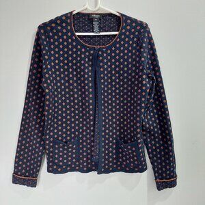 Olsen Polka Dot Cotton Cardigan Open front Front Patch Pockets Sz S